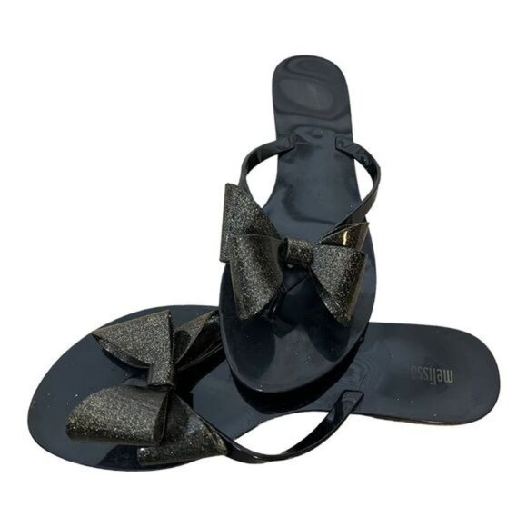 MELISSA Jelly Sandal Black Gold Glitter Bow Size 10 - Picture 7 of 11